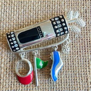 Liz Claiborne golf bag pin brooch, silvertone with rhinestones dangling charms